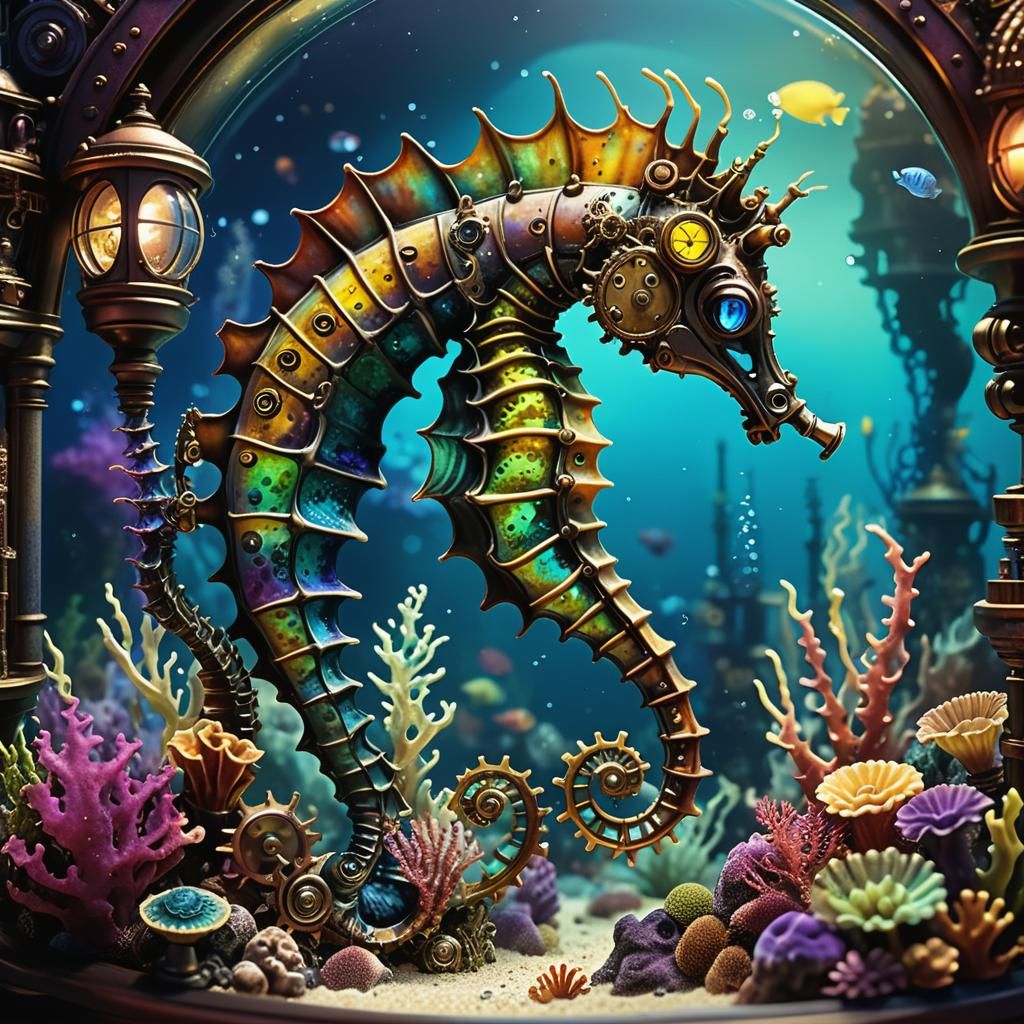 Steampunk Seahorse Aquarium with Alien Creatures