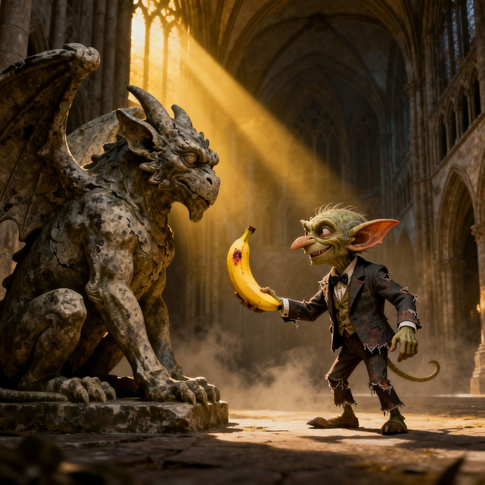 Goblin Bribes Gargoyle with Banana in Gothic Cathedral