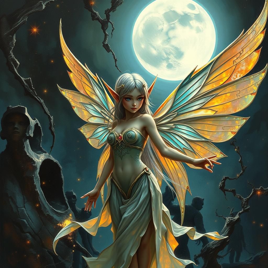Anime Fairy Elf with Luminous Wings in Impasto Style
