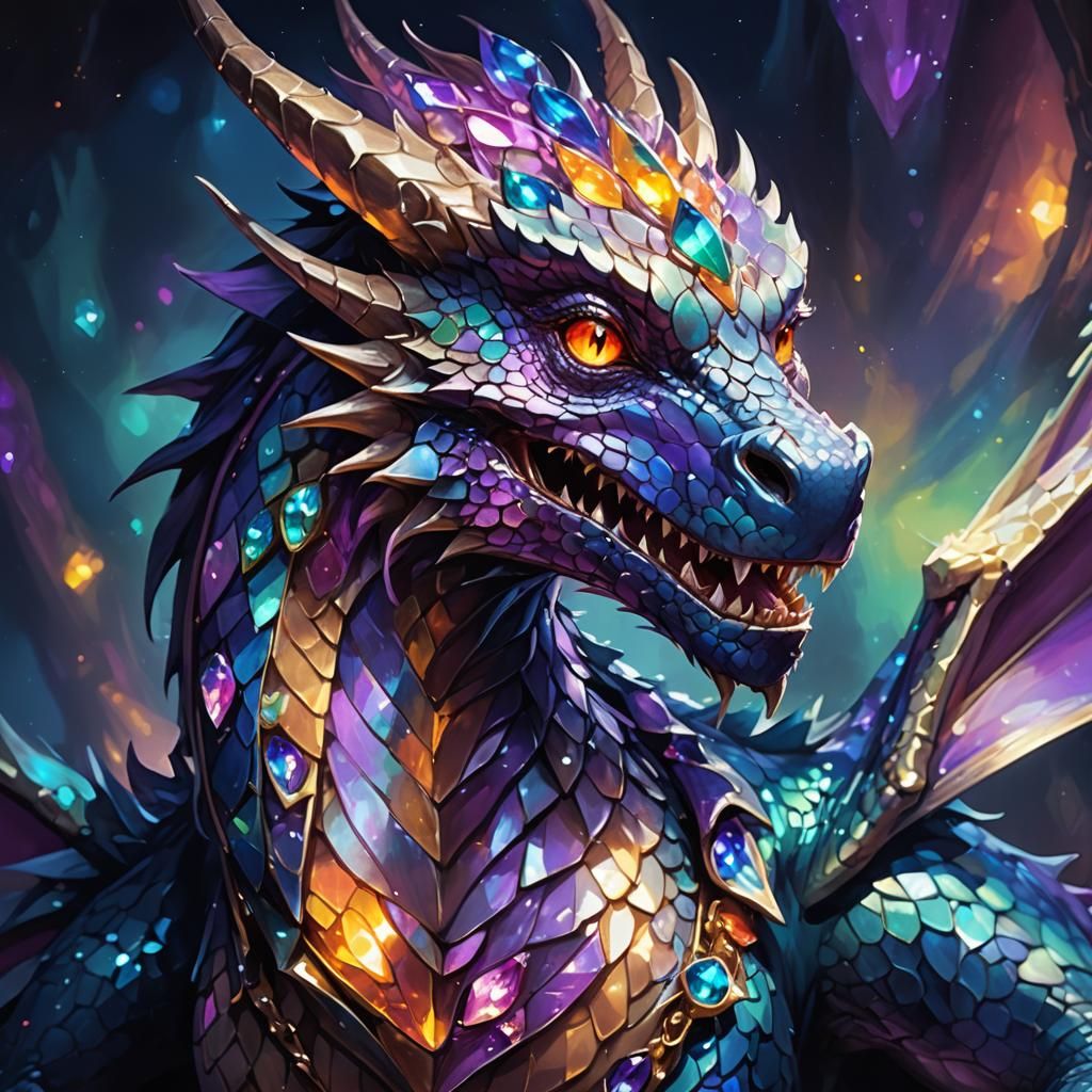 Night Dragon Portrait with Dangling Gems in Oil Painting Sty...