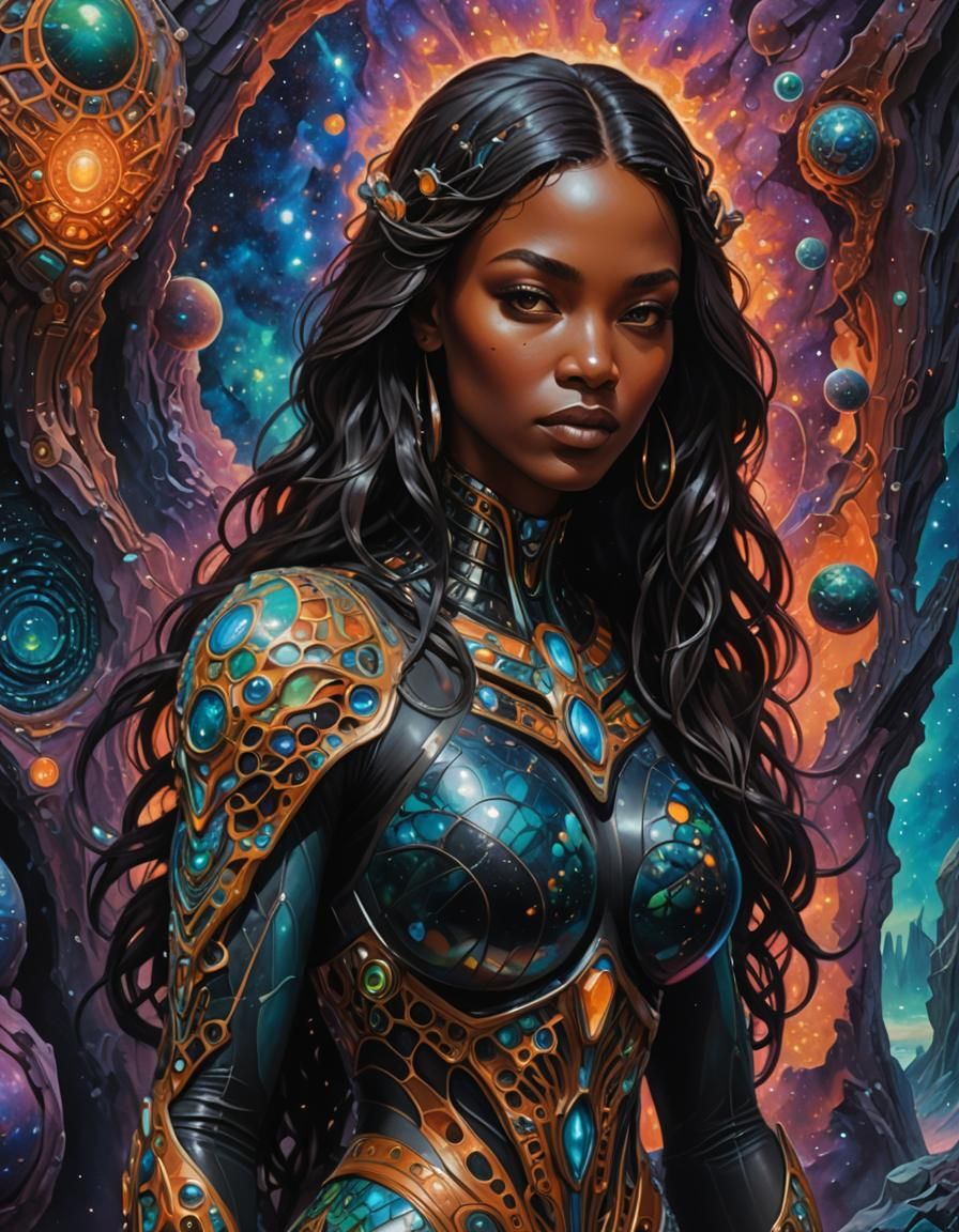 Anthropomorphic big chested ebony ,female character, symetrical face, in a Marbled colored organic Psychedelic fantasy s...