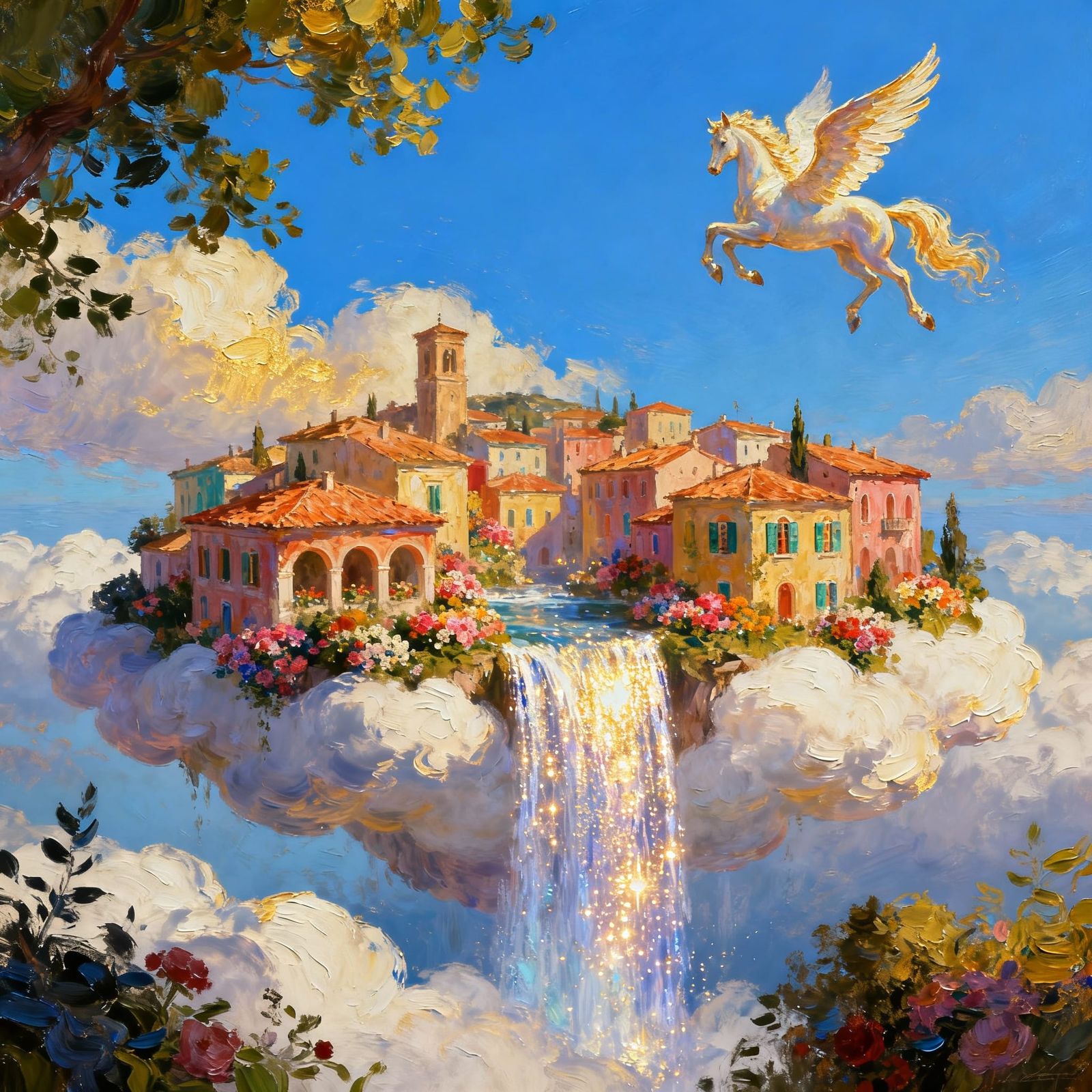 Impasto Painting of Italian-Style Sky Island with Pegasus
