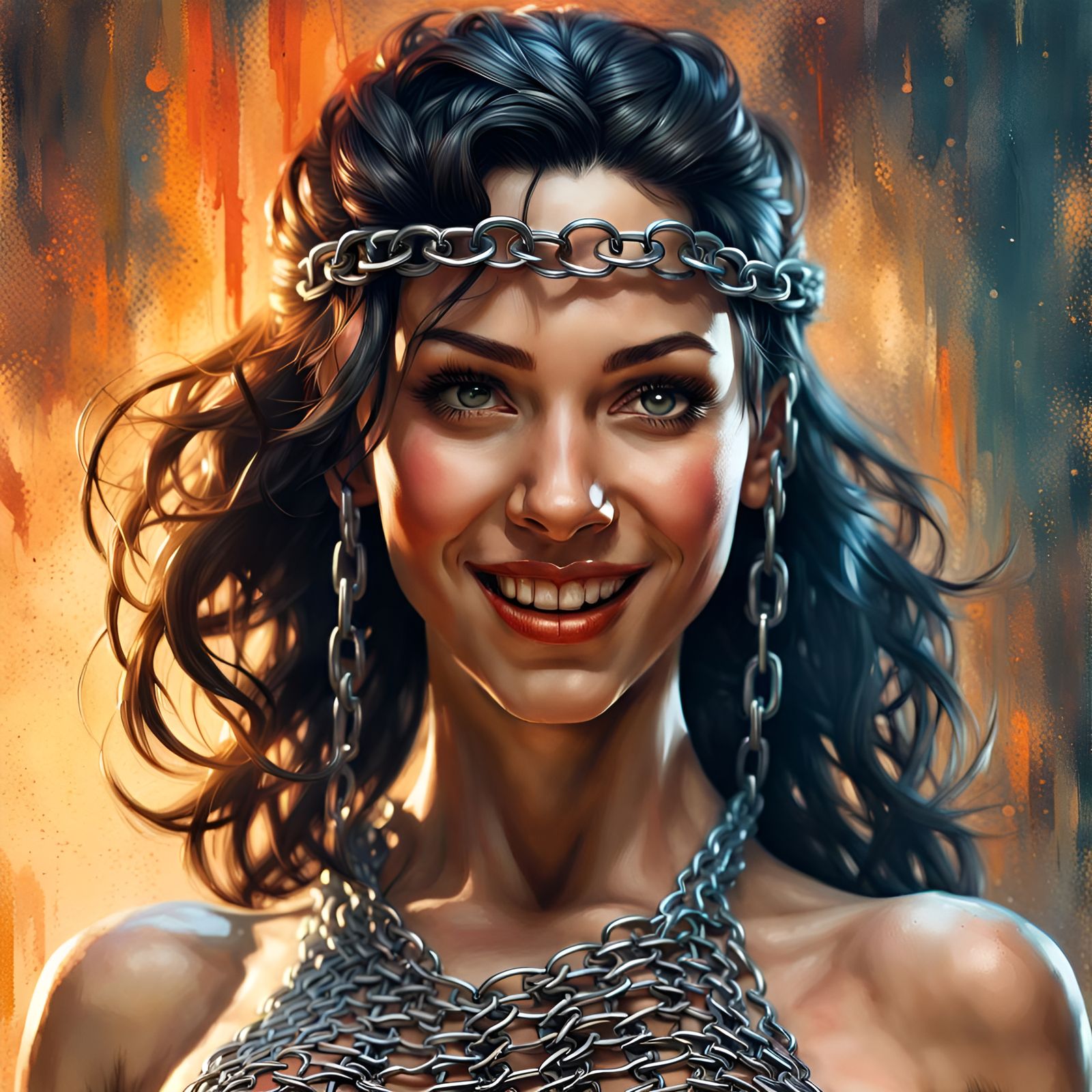 Smiling Woman in Chainmail Bikini, Digital Illustration