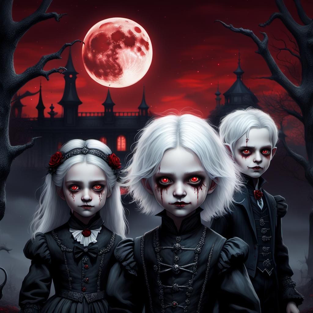 Sinister Children Under Blood Moon in Gothic Horror Style