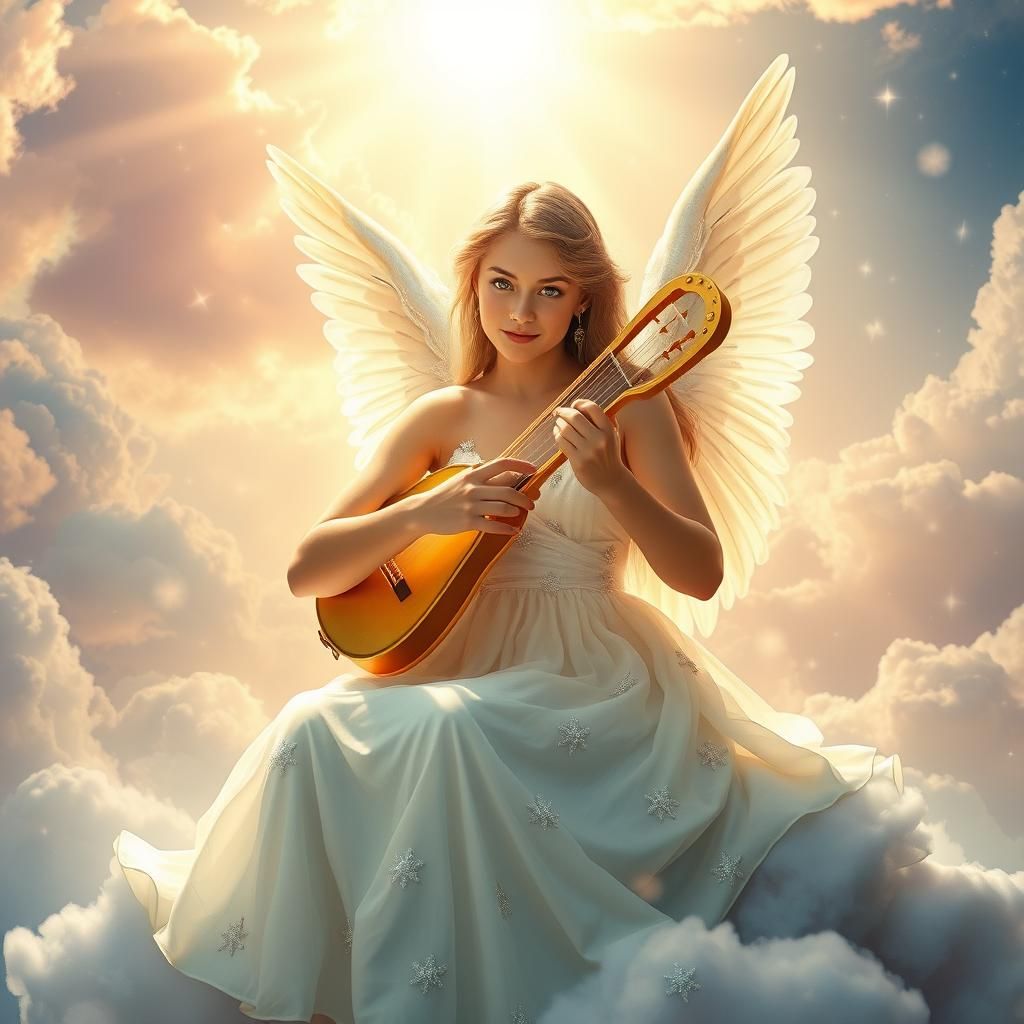 Die Harfenistin: Ein Engel mit schimmernden Flügeln sitzt au...