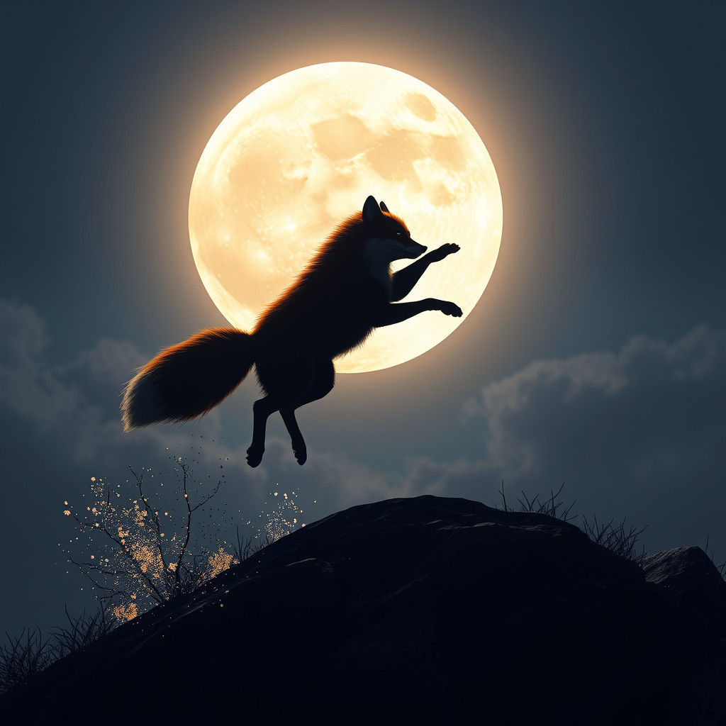 Fox Silhouette Jumps Over Moon, Detailed Matte Painting
