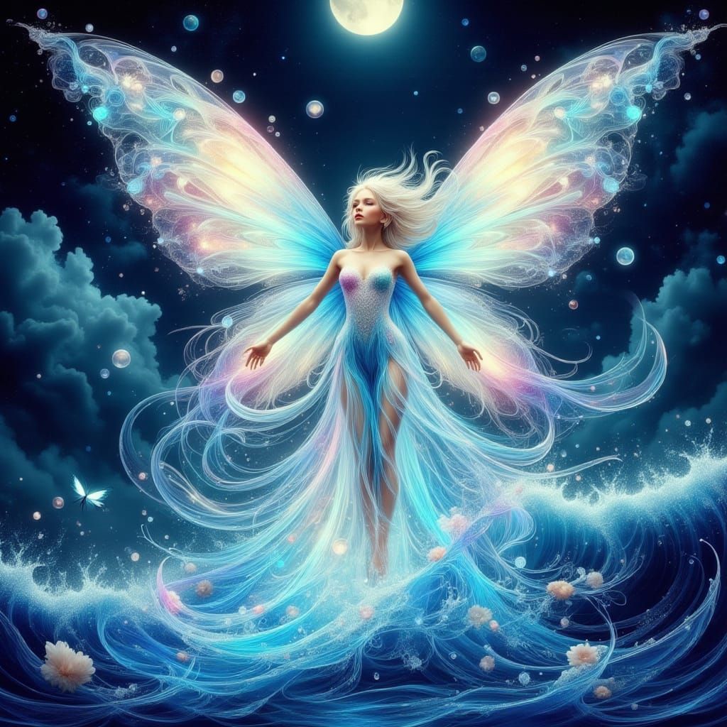 Water Fairy Emerges from Wave in Neon Grunge Style