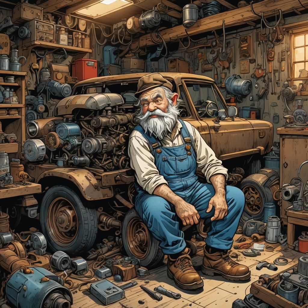 Gnome Mechanic Working on Car in Comic Book Art