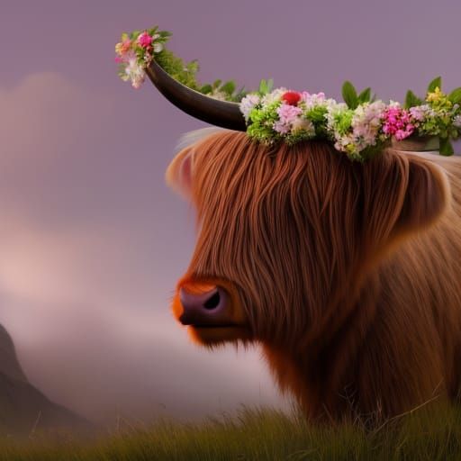Highland Cow with Flower Crown, Detailed Matte Painting