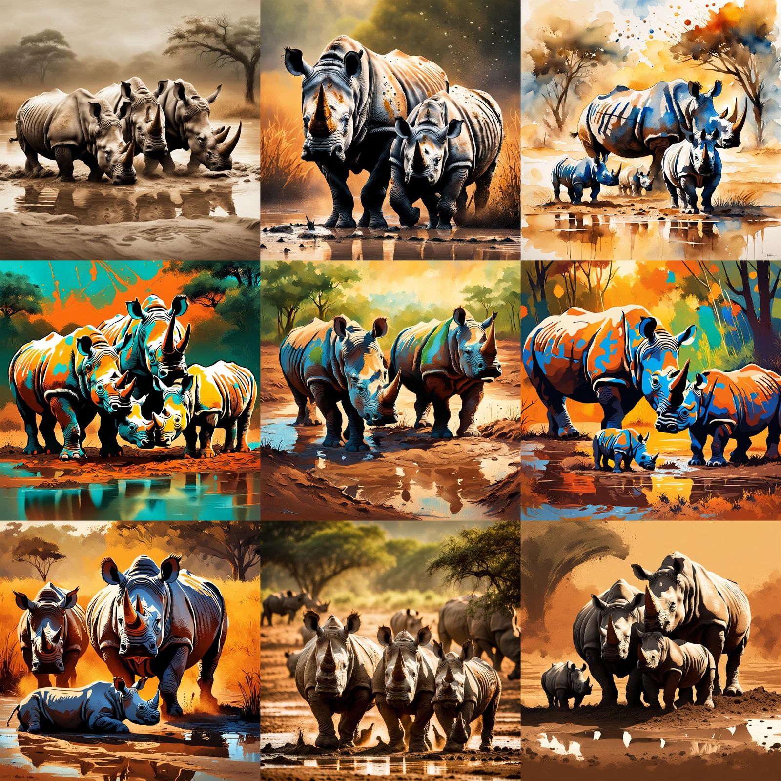 Rhino Family Fun: Rhinos Playing in Mud