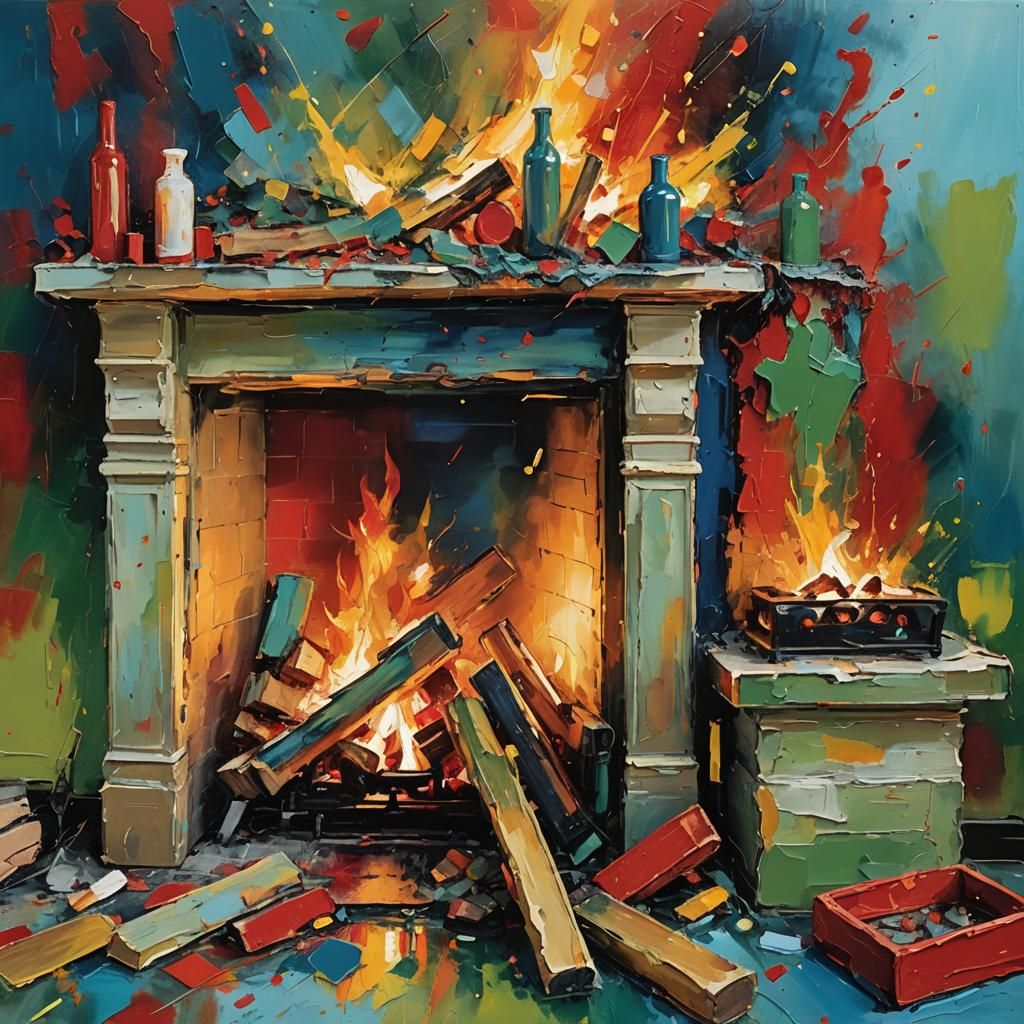 Family Gathered by Fireplace in Abstract Expressionism