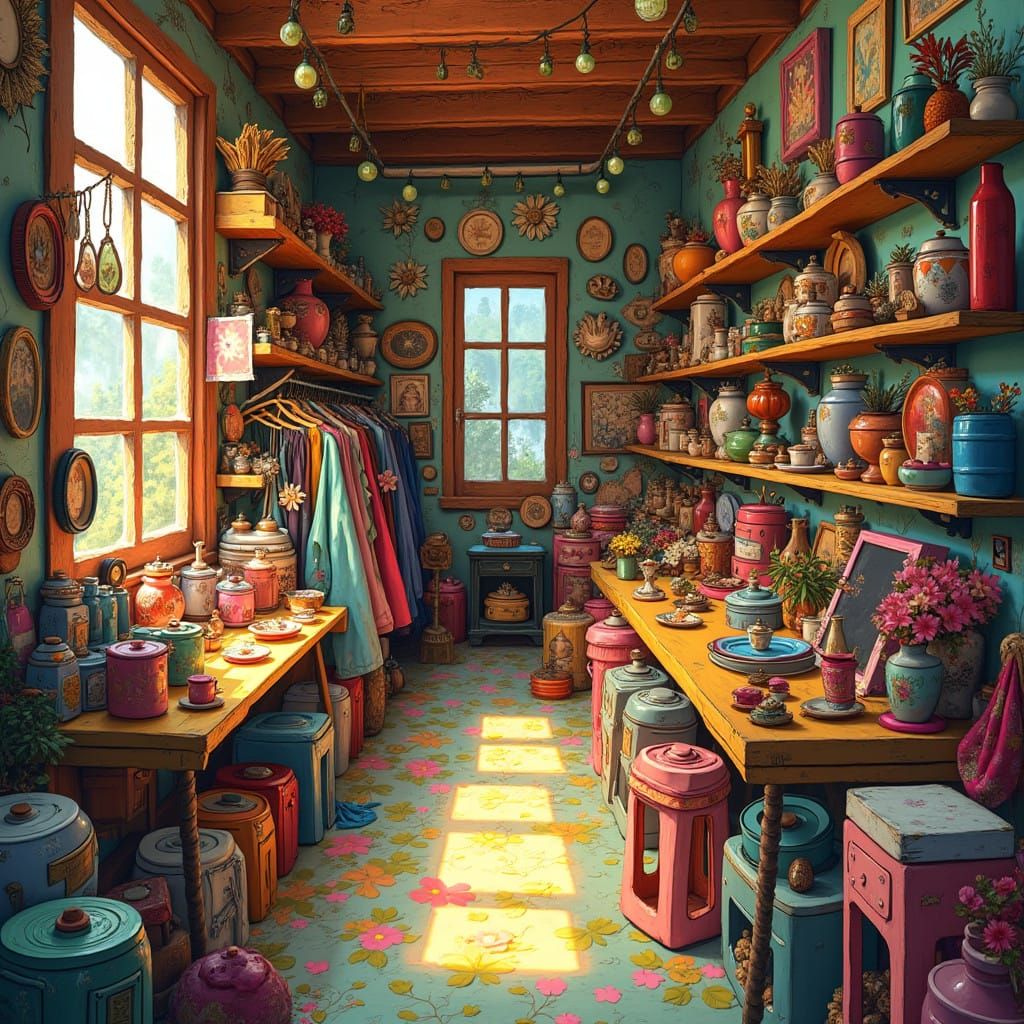 Whimsical Thrift Store Wonderland in Warm Golden Light