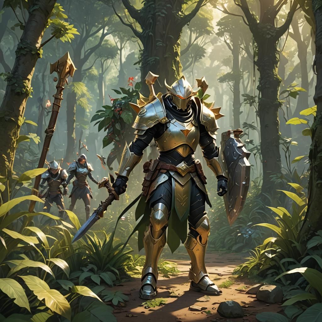 Human Warrior and Goblin Companions in Lush Jungle