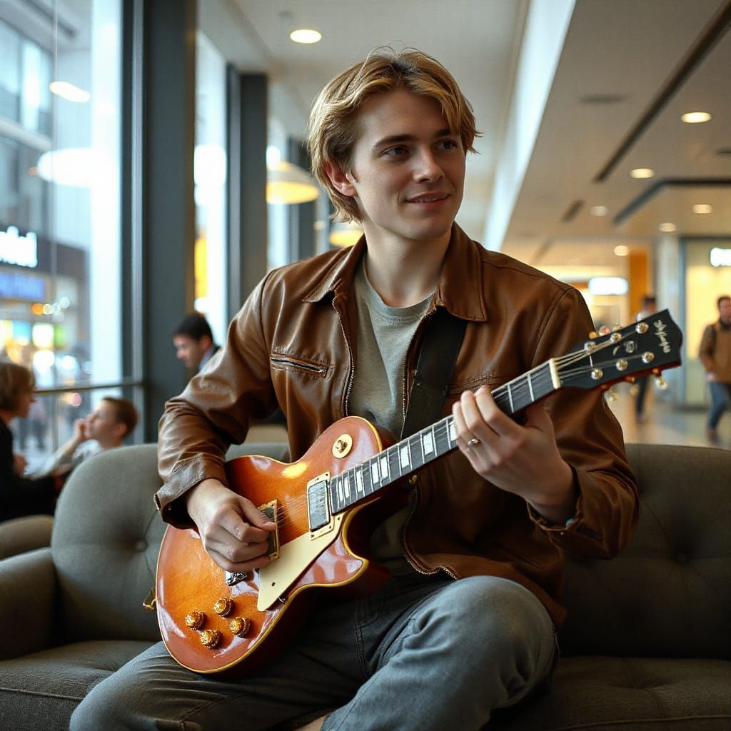 Man in Leather Jacket Playing Guitar
