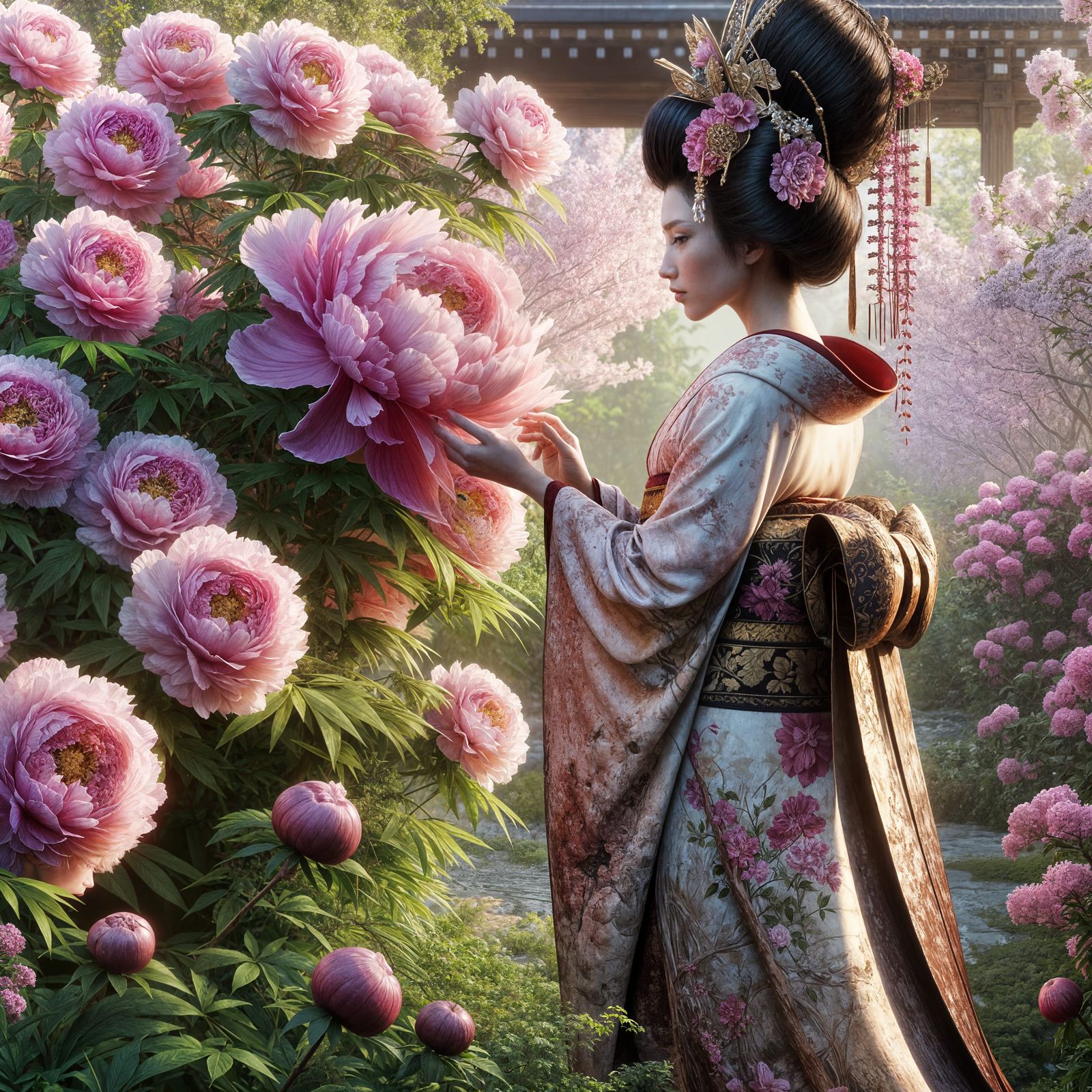 Elegant Geisha in Spring Garden: Fantasy Concept Art