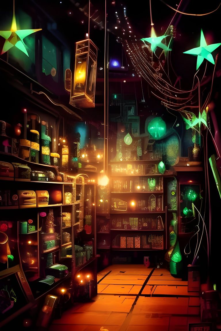 Cyberpunk Magic Shop with Potions and Crystals