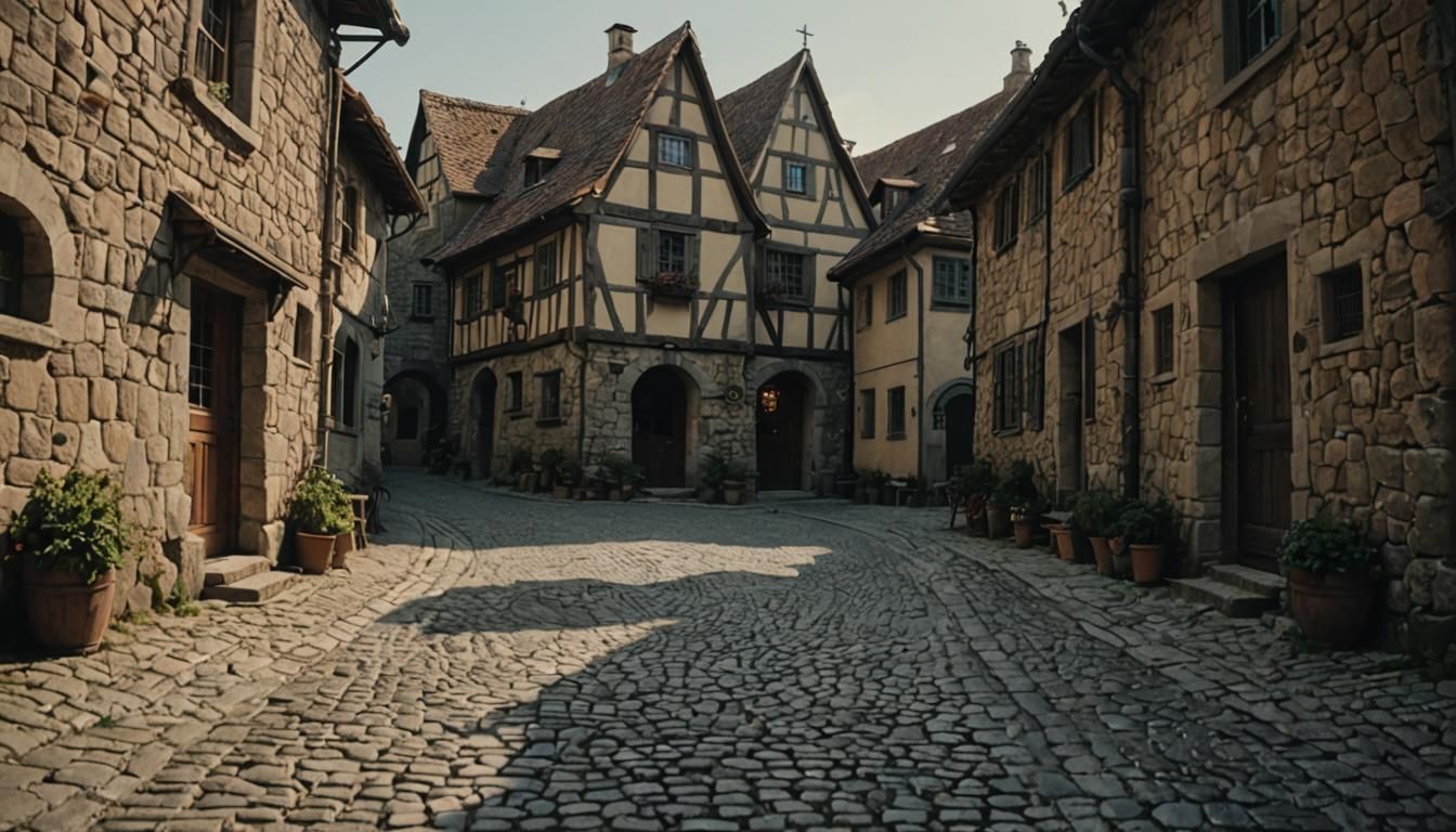 Medieval Village Cobblestone Street in Cinematic Style