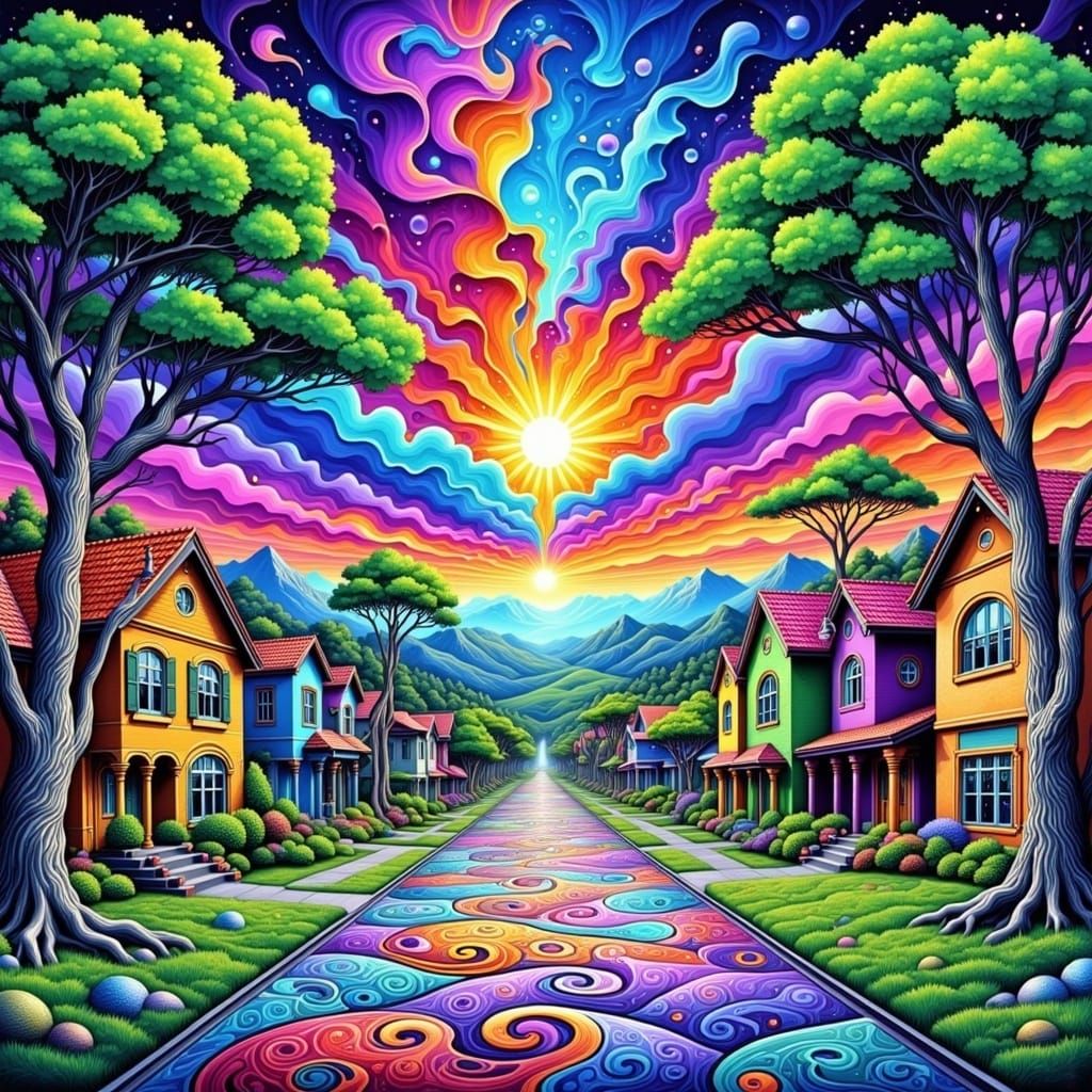 Surreal Suburban Neighborhood in Vibrant, Iridescent Hues