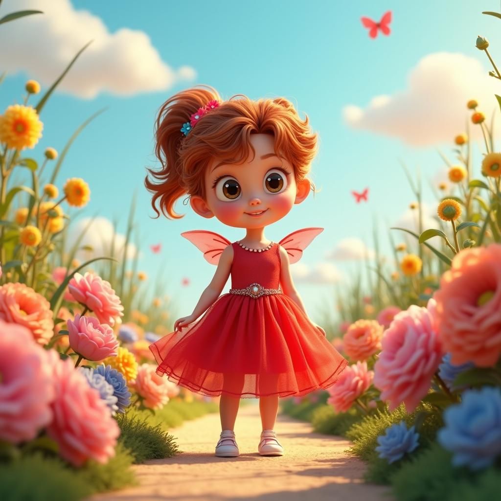 Girl in Red Dress in Flower Garden, 3D Render