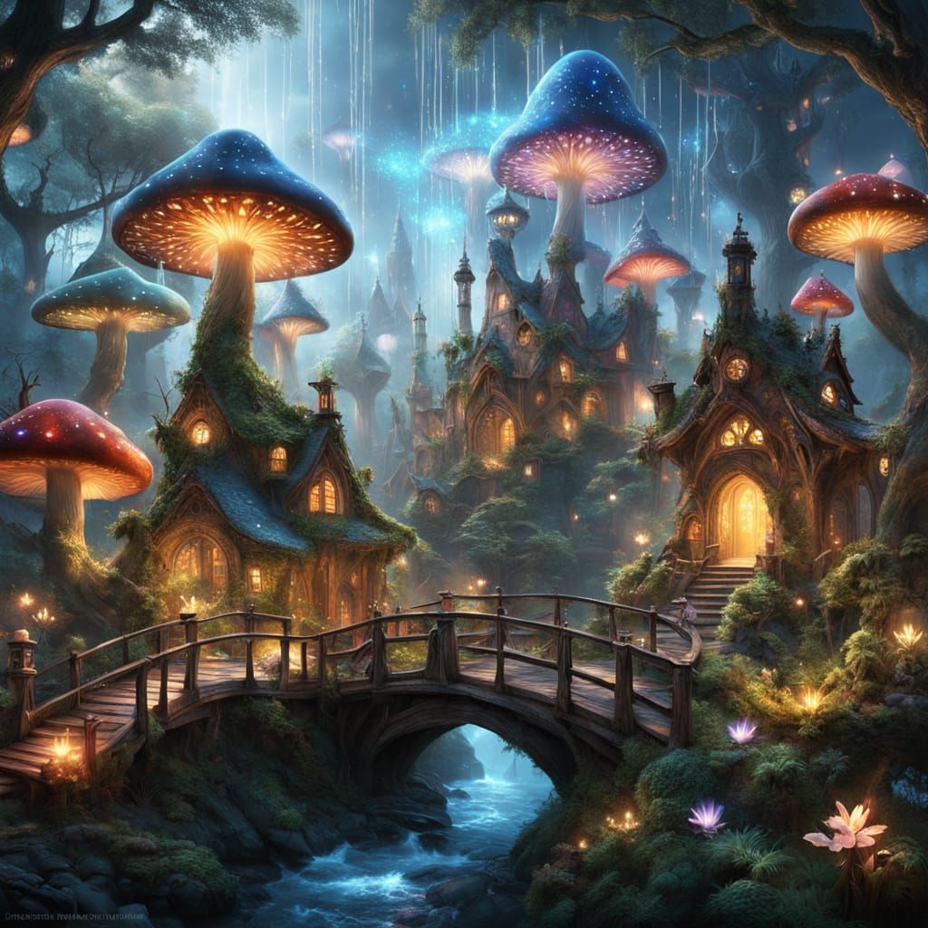 Whimsical Mushroom Enclave in Dreamlike Forest Realm