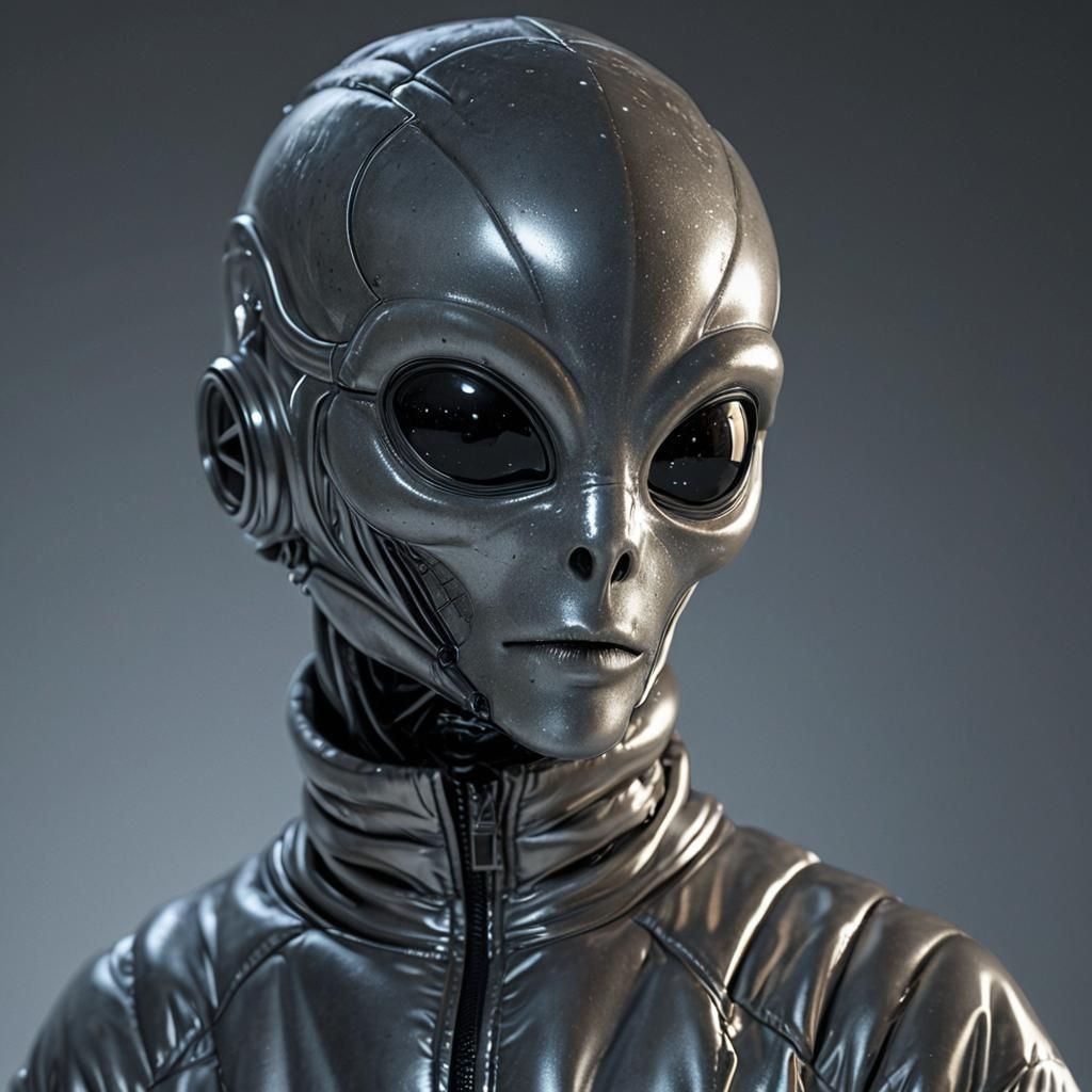 Alien AI in Shiny Silver Puffer Jacket