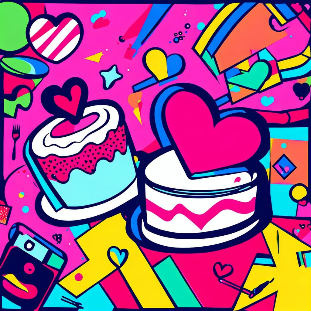 Vibrant Retro Pop Art Heart Cake Still Life