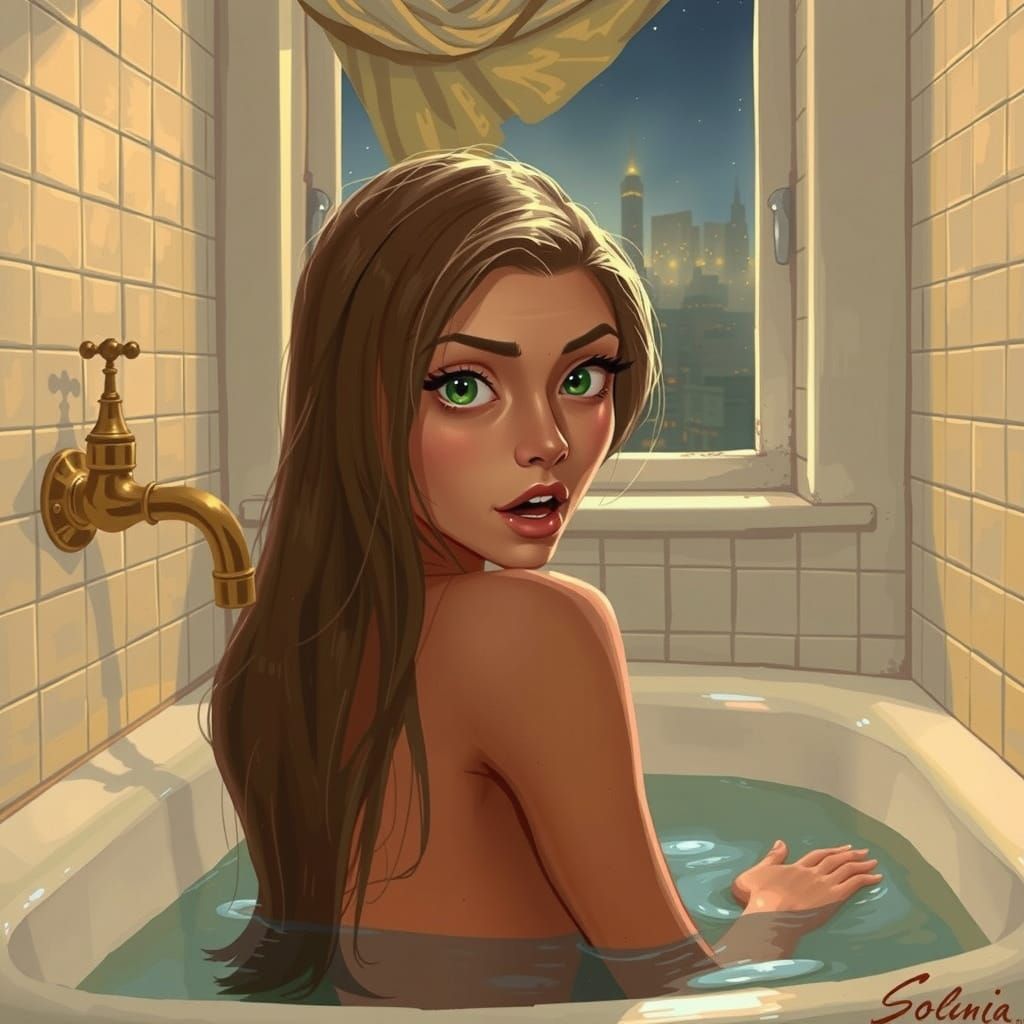 Vintage Bathing Beauty Amidst Cityscape Dreamscape