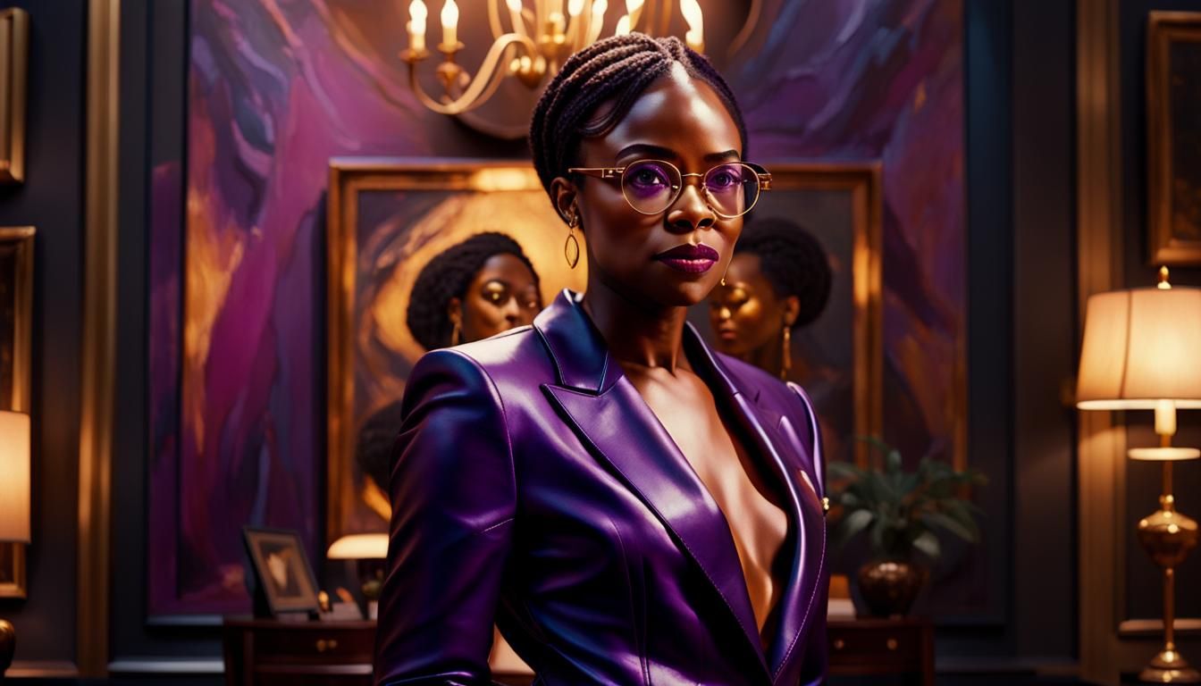 Elegant Black Woman in Purple Leather Suit in Luxurious Stud...