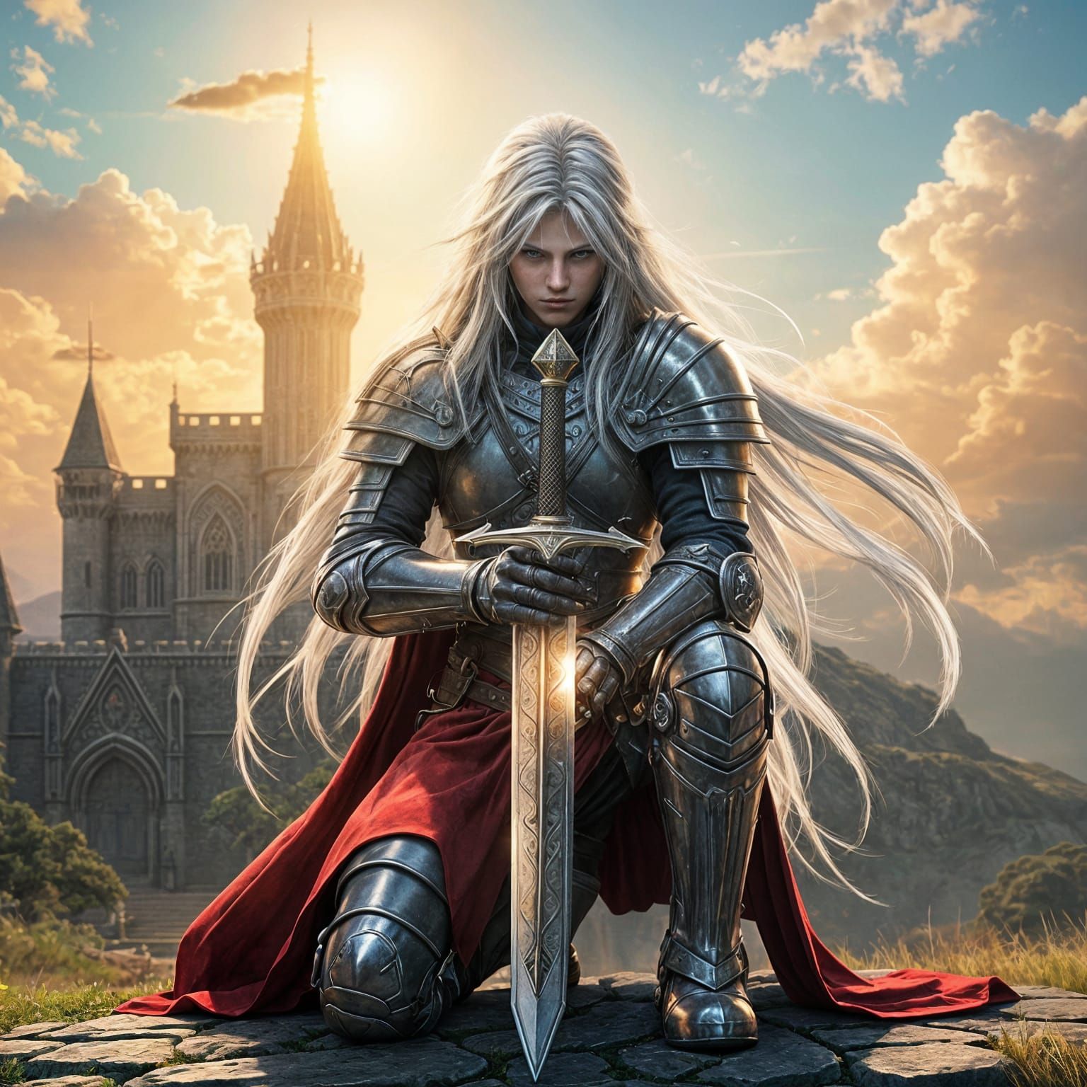 Knight with Flowing Hair Before Castle in Fantasy Style