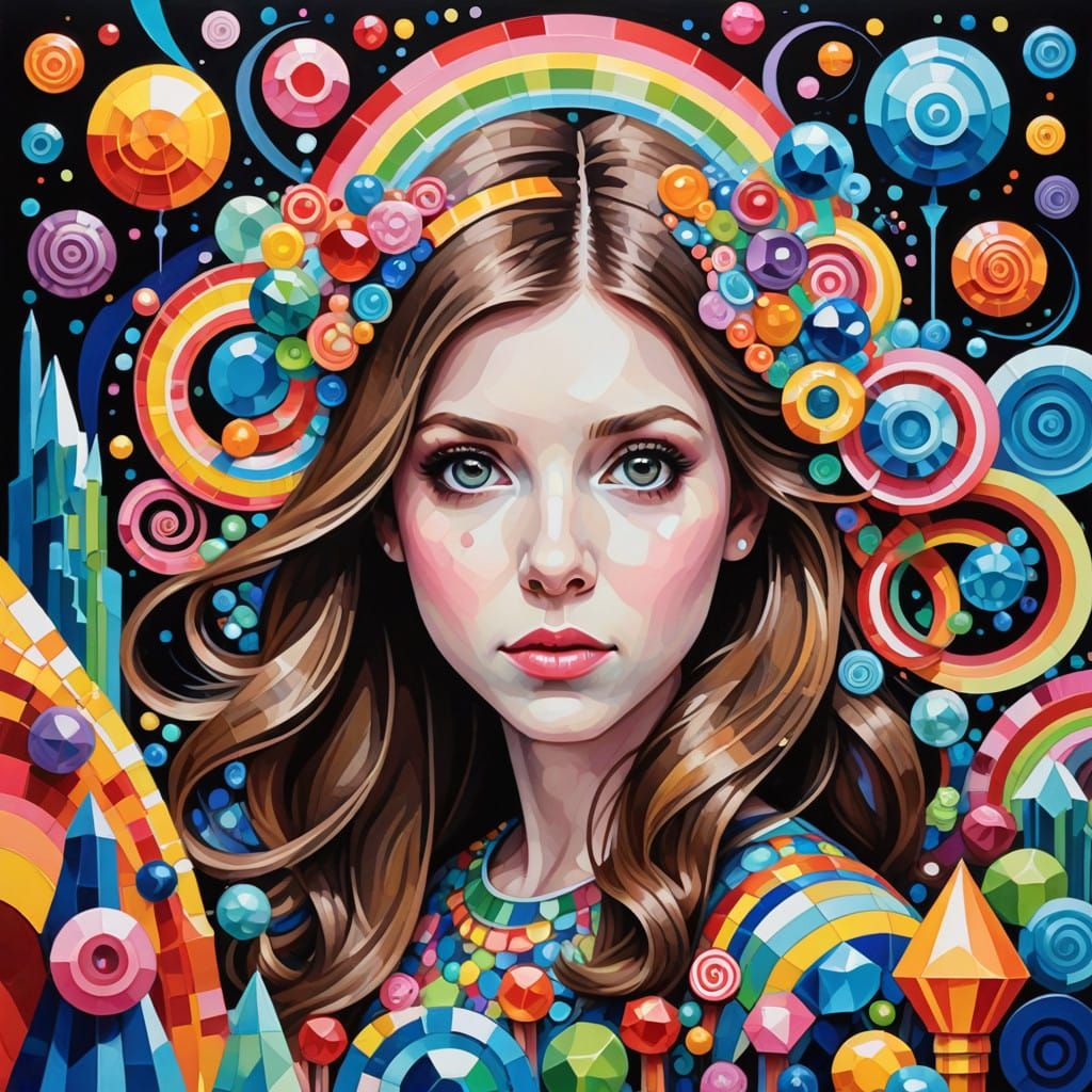 Anna Kendrick in a Vibrant Cubist Gemstone Wonderland