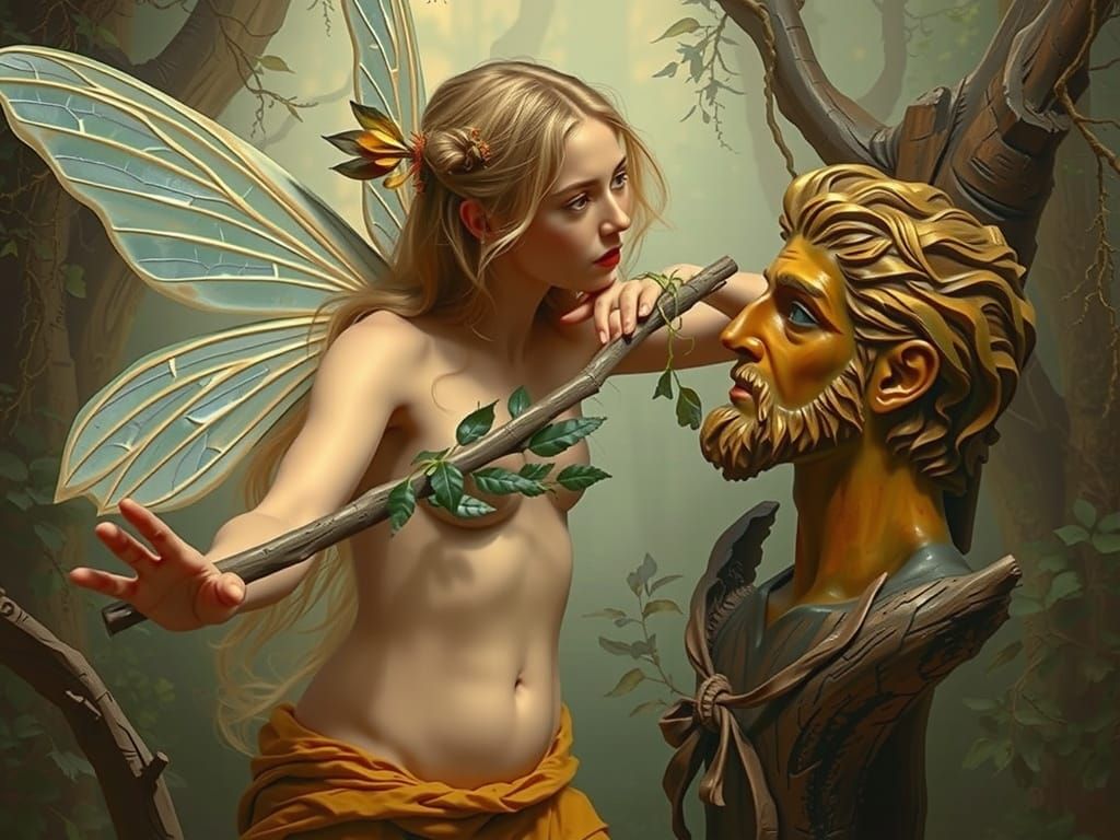Blond Fairy Beside Wooden Man Head Statue in Mystical Forest