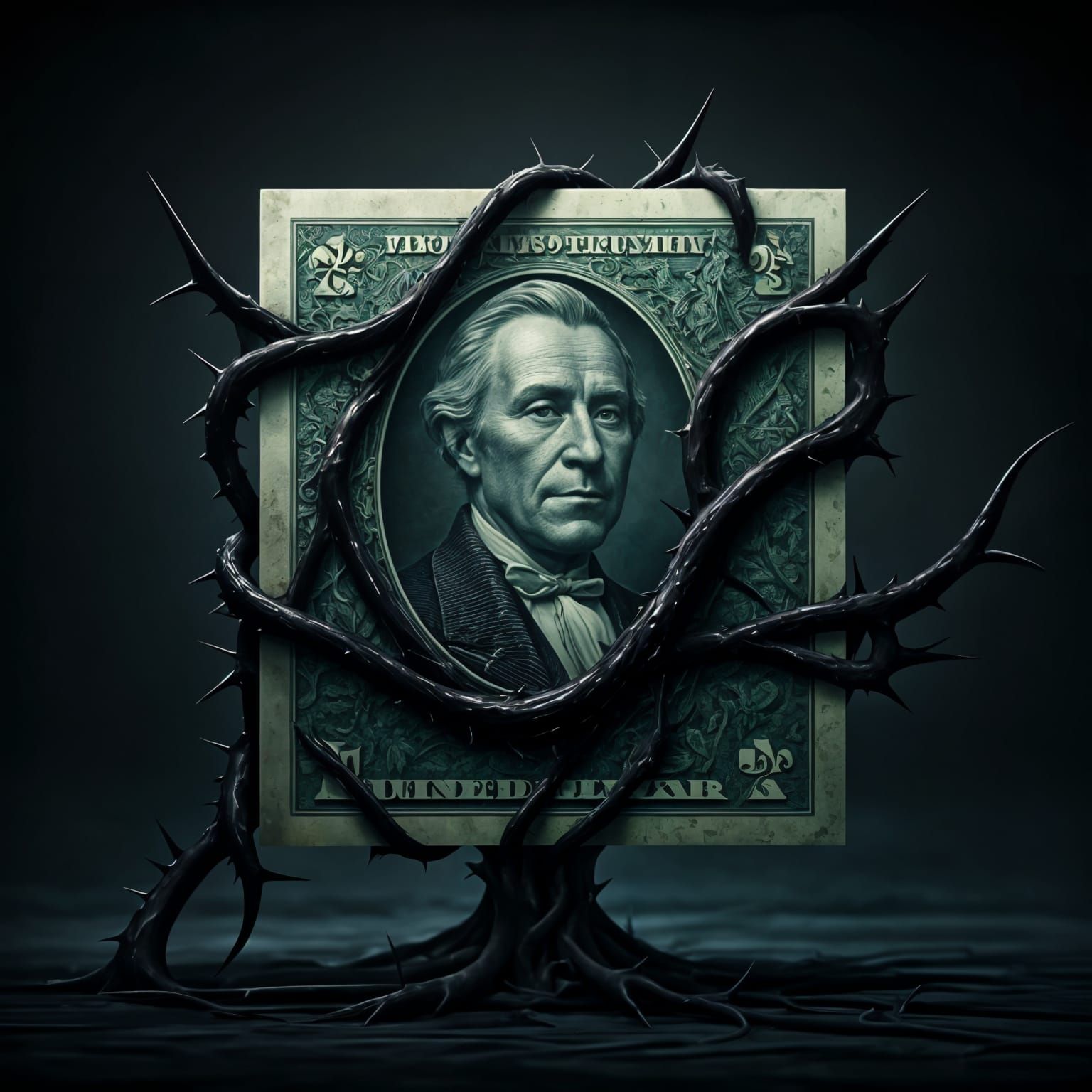Dollar Bill Covered in Vines: Detailed Matte Painting