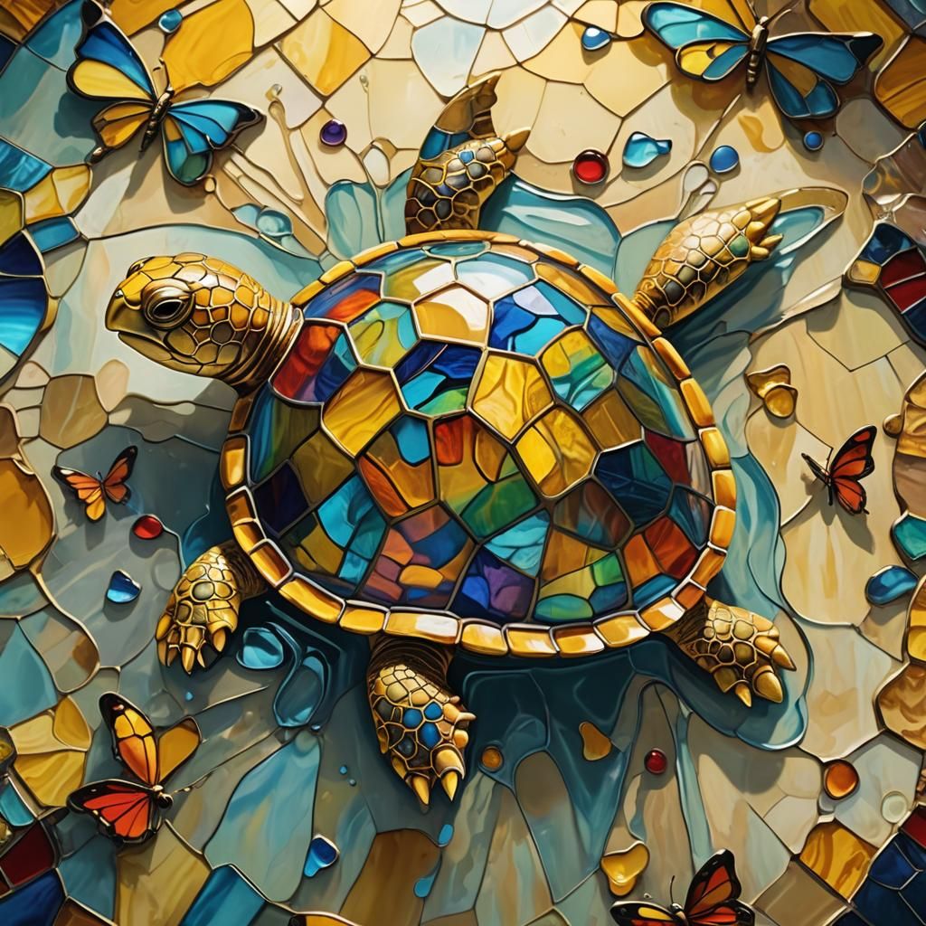 Surreal Turtle with Stained Glass Wings in Oil