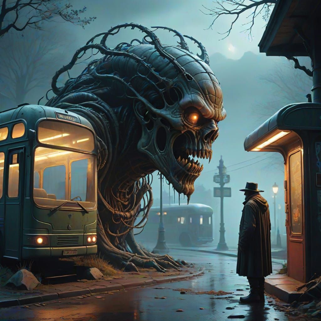 Sinister Figure at Bus Stop: Dark Sorcerer with Grotesque Fe...