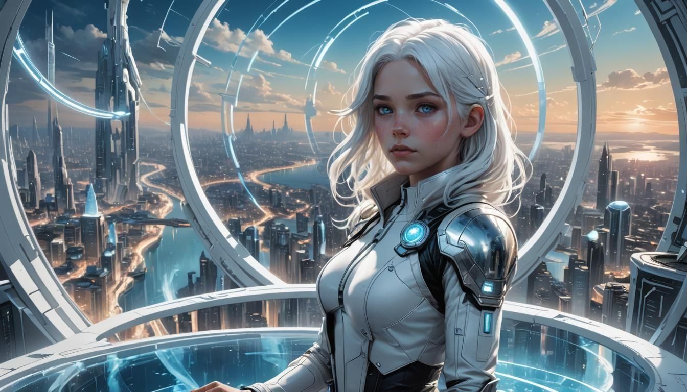 Futuristic Girl Overlooking Circular City, Comic Art