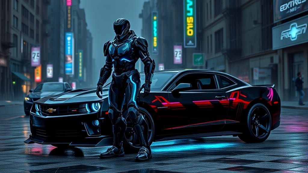 Cyberpunk Exoskeleton Meets High-Tech Muscle Car in Industri...