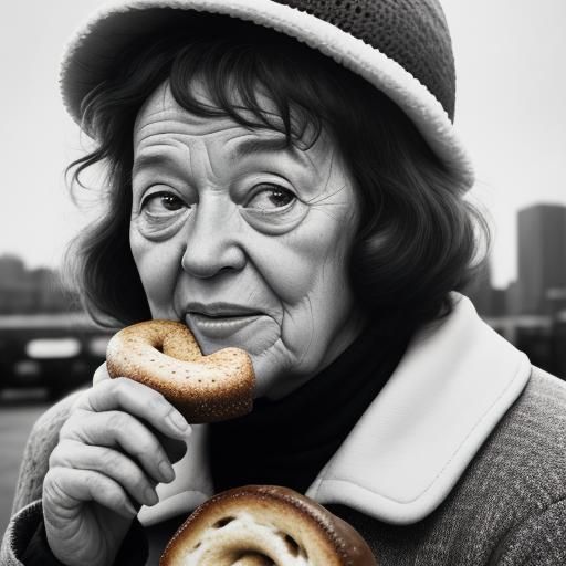 Julia Child wearing a wacky foam hat and eating a bagel