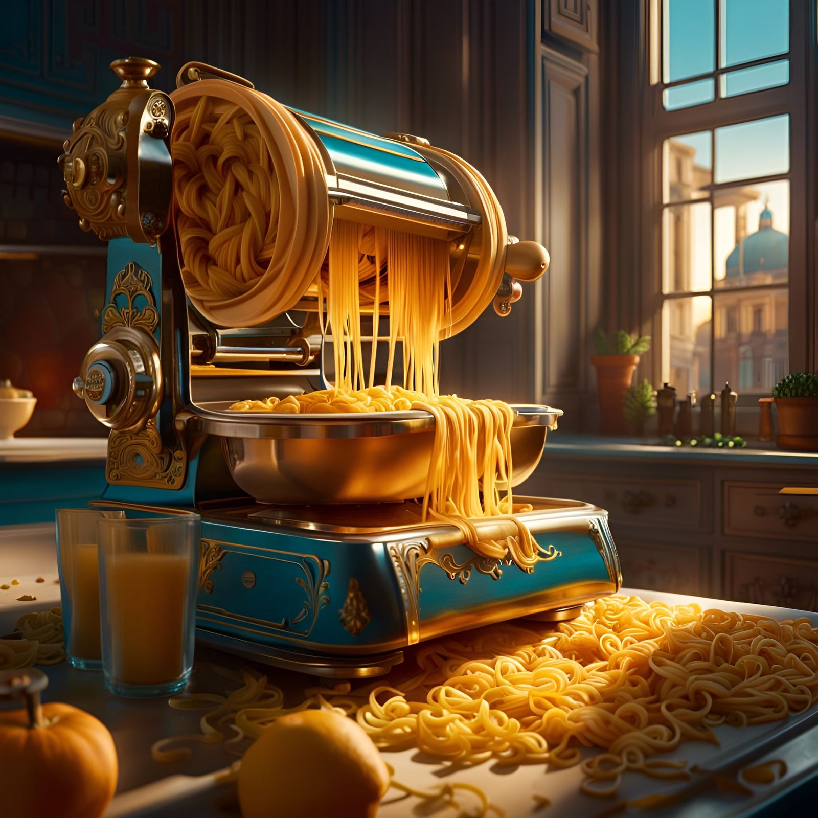 Automatic Pasta Machine in Rococo Kitchen, Hyperrealistic