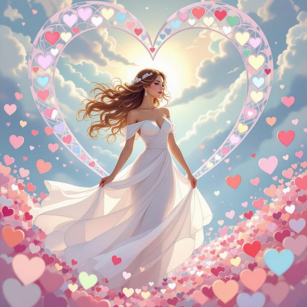 Heart-Shaped Woman in Fantasy Heart Realm, Art Nouveau Style