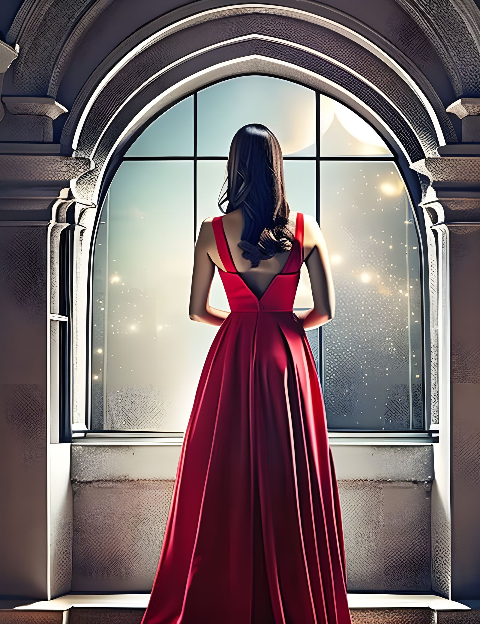 Woman in Red Dress Gazing at Moonlit Sky