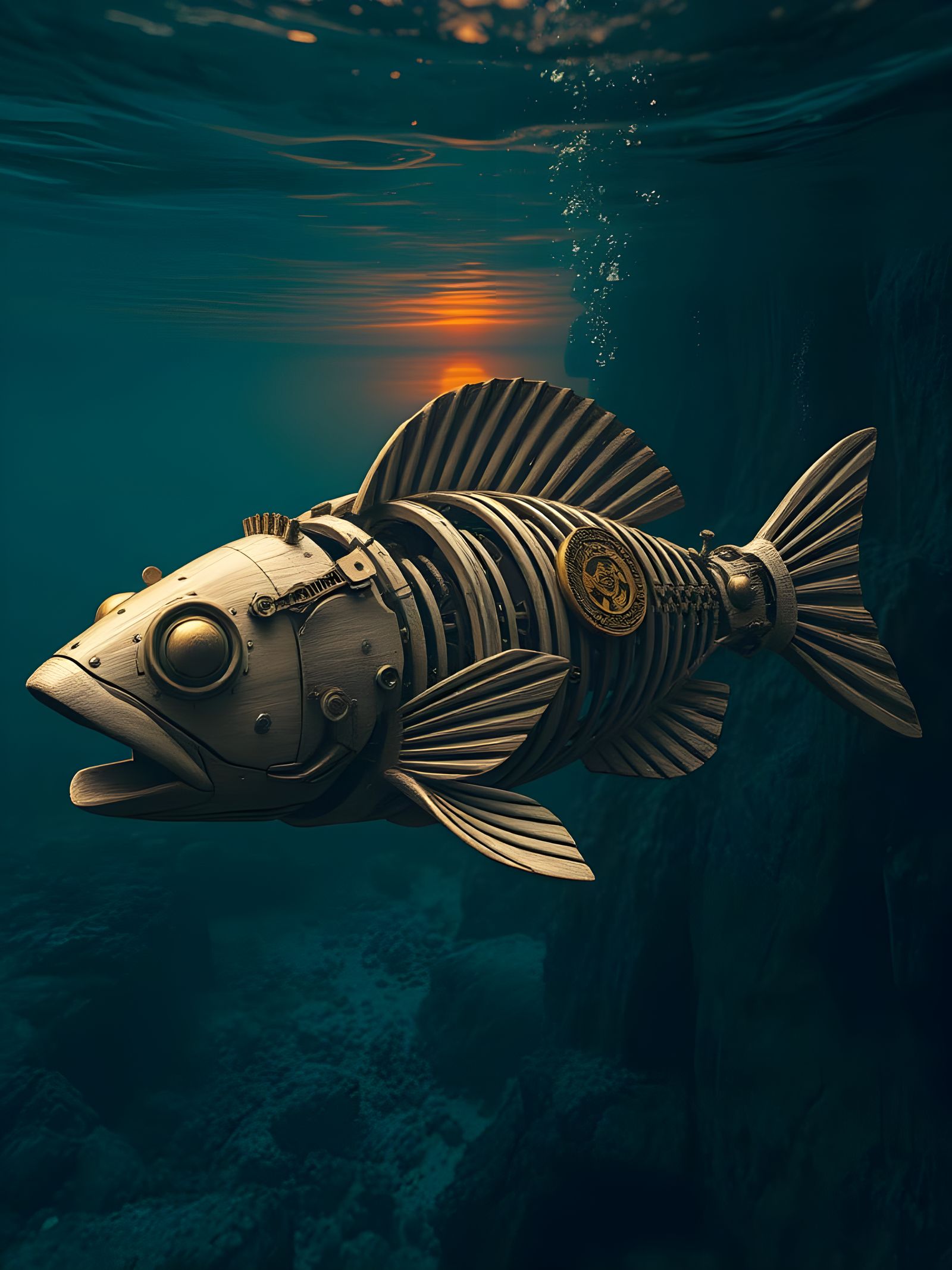 Steampunk Wood Robot Skeleton Descends into the Abyss