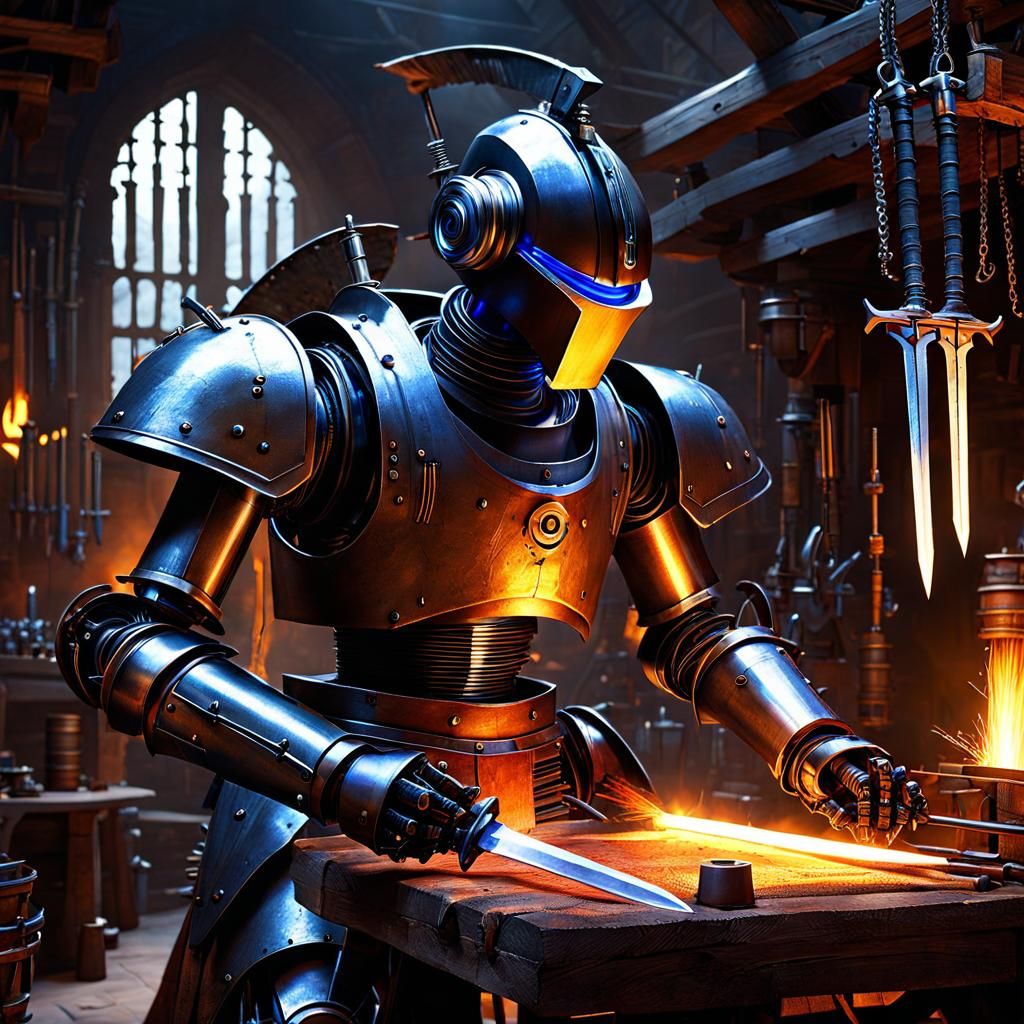 Robotic Blacksmith Droid in Medieval Workshop