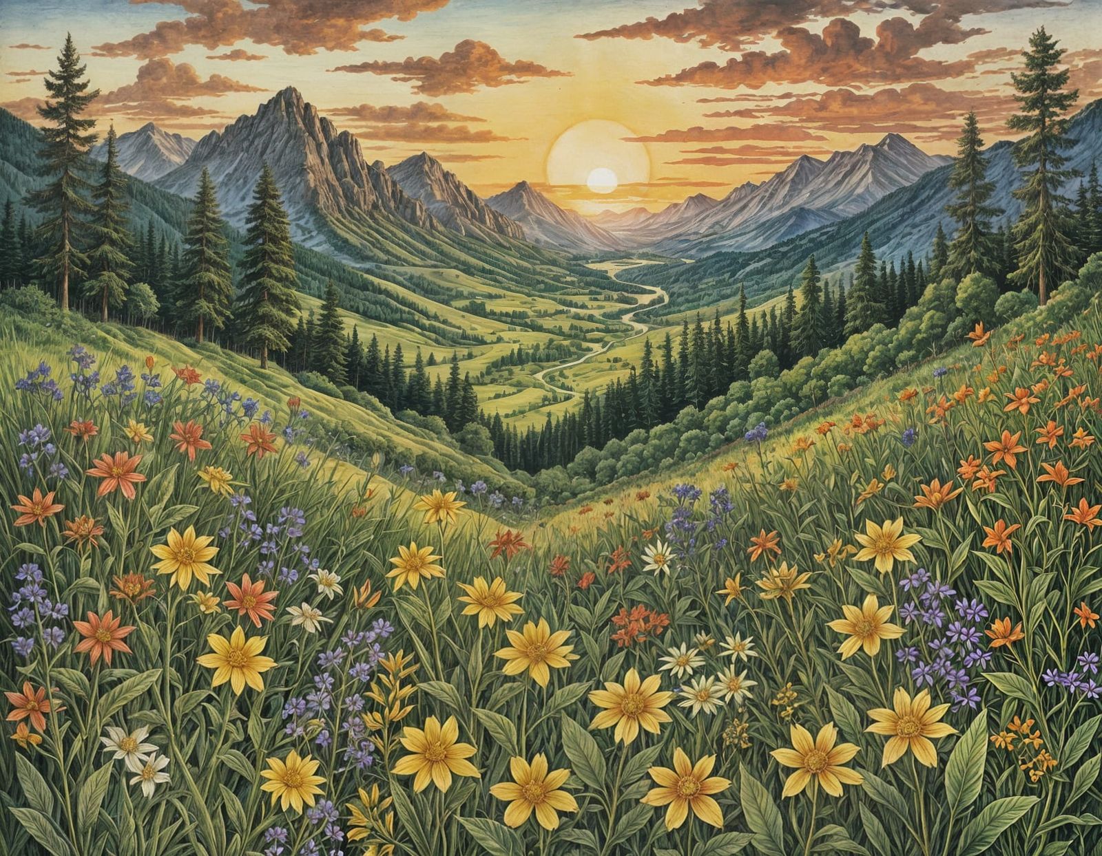 Wild Flower Glade Between Mountains at Sunset