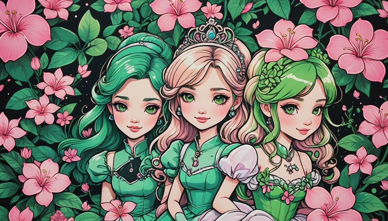 Chibi Cinderella with Plumeria in Neon Ink