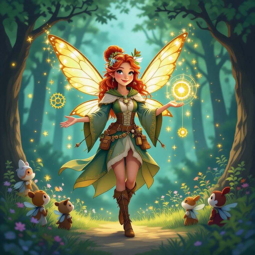 Inventor Fairy Directing Magical Gears in Enchanted Forest