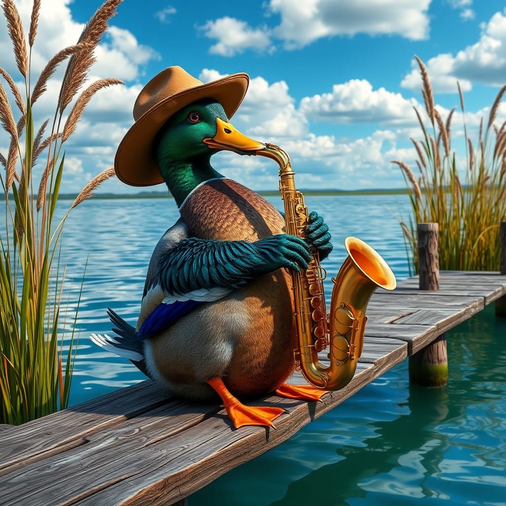 Mallard Duck Cowboy Plays Saxophone: Fantasy Art