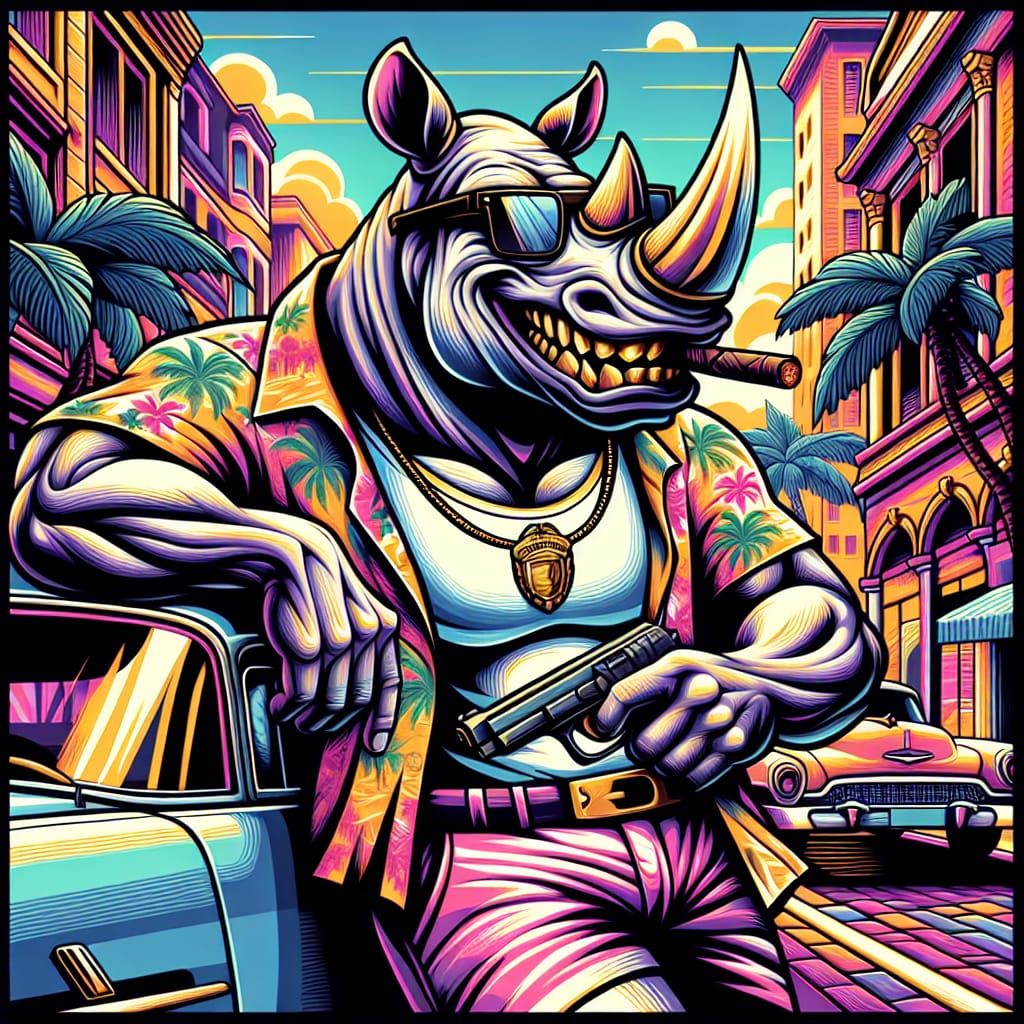 Rhinoceros in Hawaiian Shirt, Art Nouveau Style