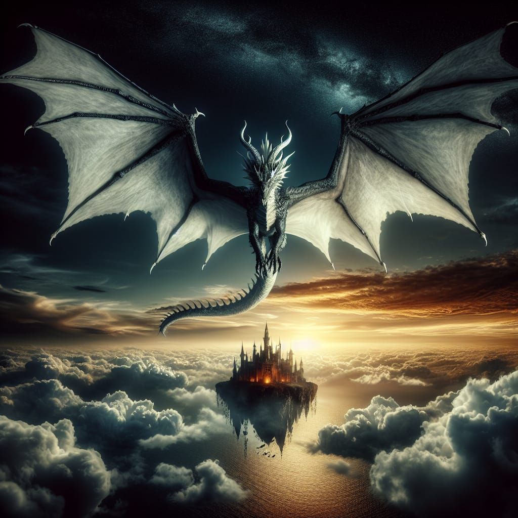 Dragon Soars Above Mystical Golden Sunset
