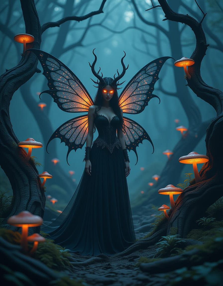 Ember-Eyed Ash Fairy in Charred Forest, Dark Fantasy