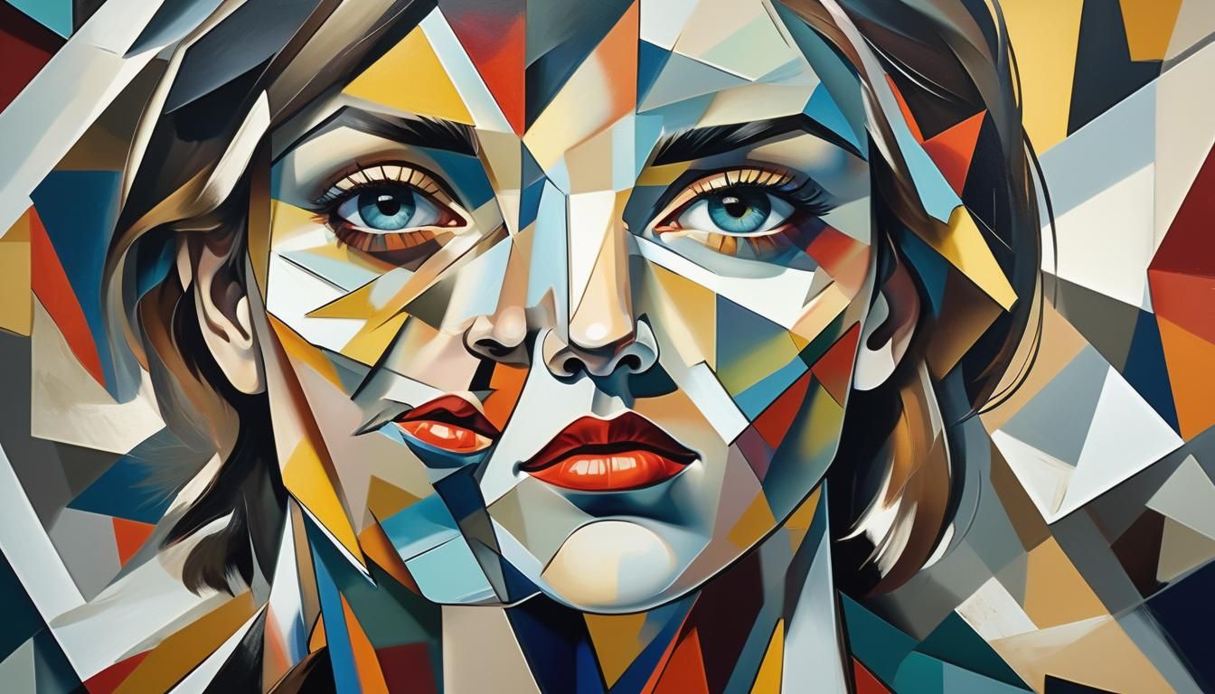 Cubist Woman Portrait with Geometric Shapes and Bold Colors